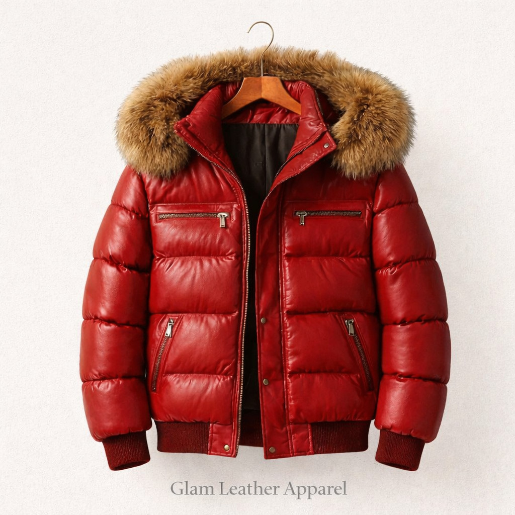 Men'S Red Leather Puffer Jacket With Fur Trim Hood Quilted Winter Leather Coat