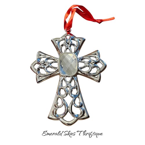 Lenox Cross Ornament Silver Plated Bejeweled Gem. Free shipping