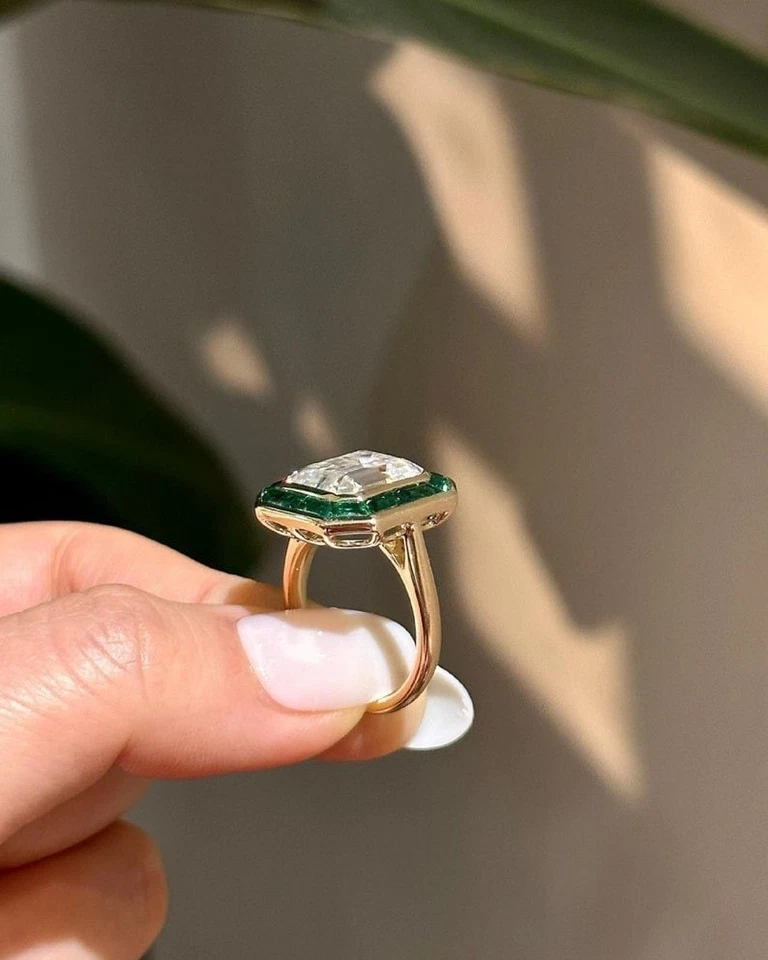 Conjunto de bisel de anillo halo verde corte esmeralda moissanita anillo de compromiso regalos vintage Foto 3 de 4