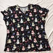 Medcouture Women  s Scrub Top Black With Snowmen 2x