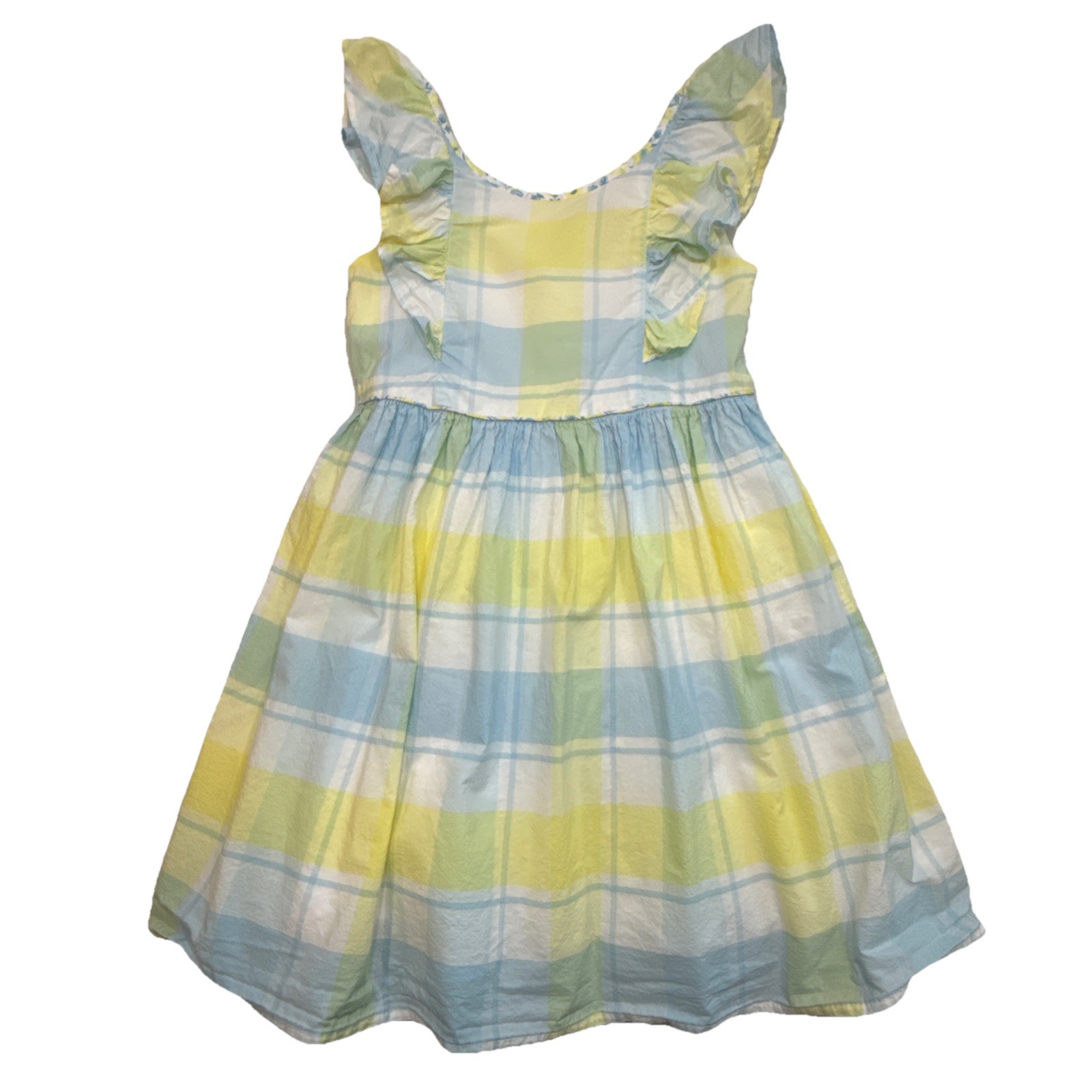 Tommy Bahama Girls Plaid Dress Ruffle Sleeve Blue Yellow US 6