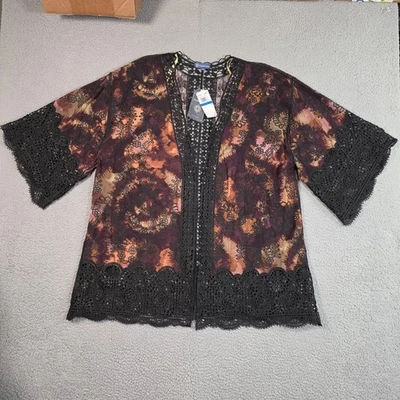 Democracy Embroidered Crochet Trim Topper Kimono Womens XL Black Open Boho - Image 1 of 4