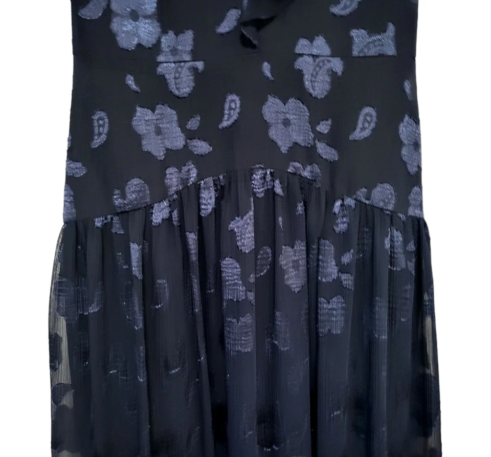 ML Monique Lhuillier Navy Floral Ruffle Dress Women Sz 10 Sheer Overlay Bow Tie - Image 4 of 4
