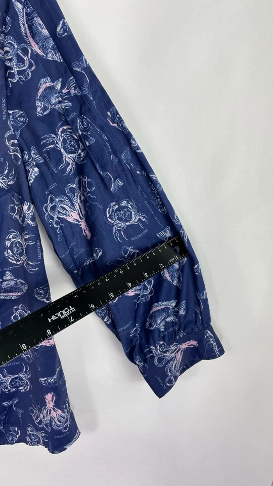 Modcloth Women's Peasant Top Blue Aquatic Print Fish Ruffled 3/4 Sleeve Size S.  - Image 4 of 4