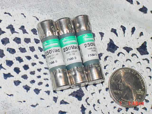 Three (3) Cooper Bussman FNM-9, Midget Fuses, Dual Element, 250 Vac NEW!