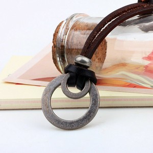 New-Necklace-Men-Leather-Brown-Adjustable-Pendant-Chain-Cord-Ring-Women-Double