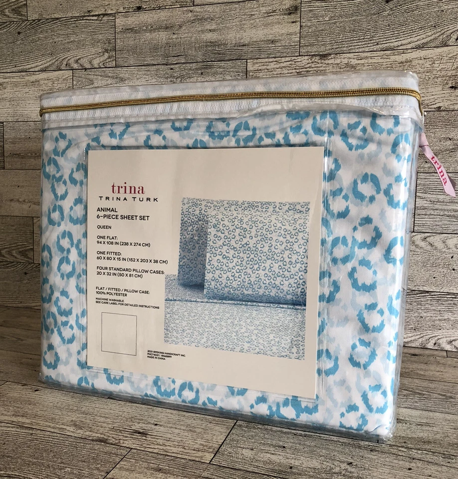 Nuevo Juego de sábanas Trina Turk blanco azul estampado animal 6 piezas Queen poliéster Foto 2 de 3