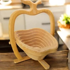 Wooden Wood Collapsible Apple Shaped Design Fruit Bowl Basket Primative Rustic