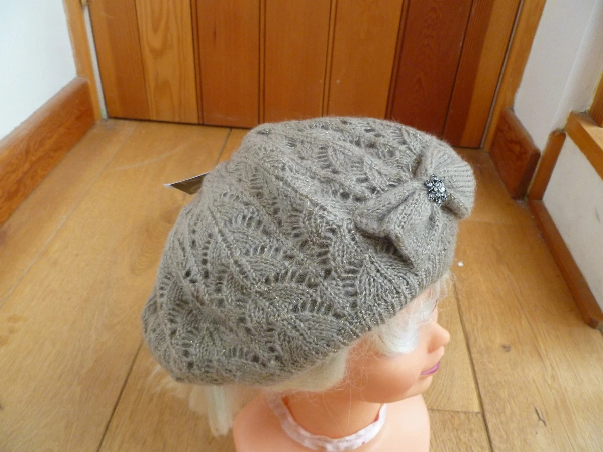 MONSOON ACCESSORIZE BEIGE GOLD CROCHET DIAMANTE BOW KNITTED BERET