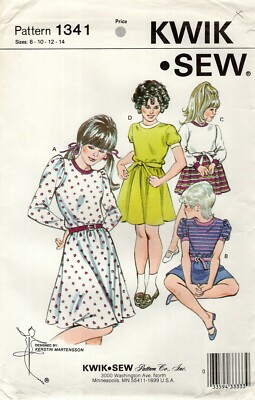 Kwik Sew 1341 Girls' T-Shirt Dress w Gathered Sleeves, Contrast Skirt Sz 8-14 UC