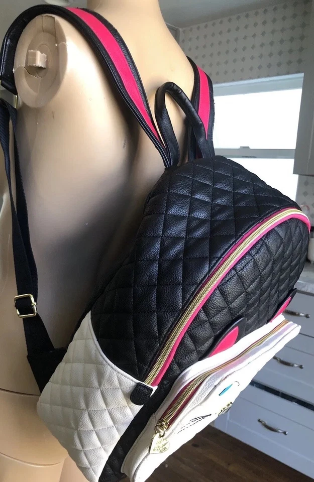 Betsey Johnson Womens Cat Quilted Backpack White Black Pink Faux Leather - Image 3 of 4