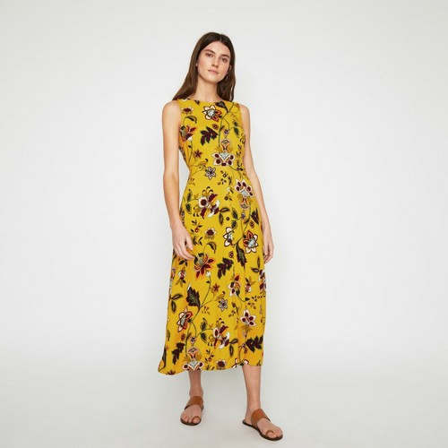 WAREHOUSE DRESS MIDI MUSTARD YELLOW PAISLEY FLORAL TIE BACK RETRO Sz 16 NEW - Picture 2 of 9