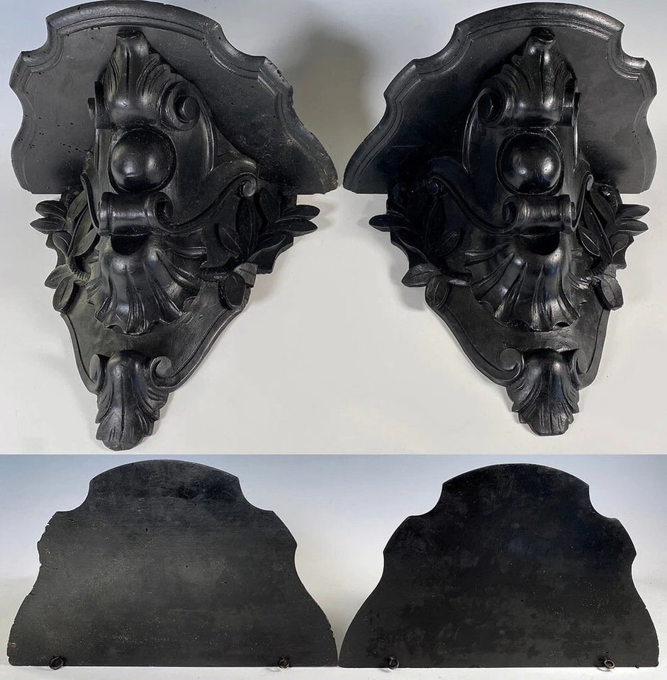 Par de estantes de pared grandes antiguos franceses tallados de madera de 13,5" x 11", estante con soporte Foto 4 de 4