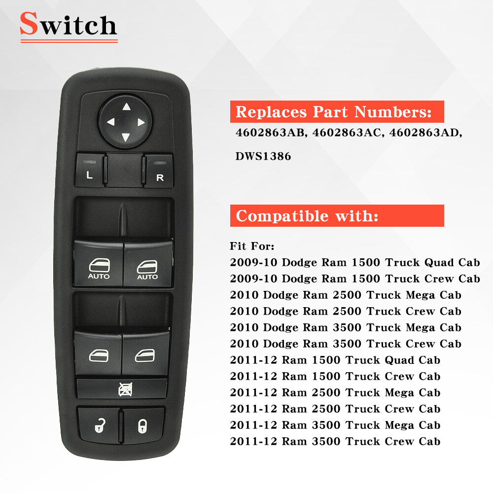 Front Driver Master Power Window Switch for 09-12 Dodge Ram 1500 2500 3500 4Door