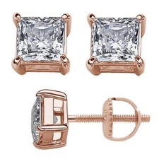 Rose Gold Plated Screw Back Princess Square Stud Earrings .925 Sterling Silver