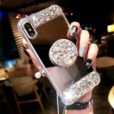 For iPhone 14 Pro Max 13 12 11 X XR 6 7 8 Bling Diamond Mirror Holder Stand Case
