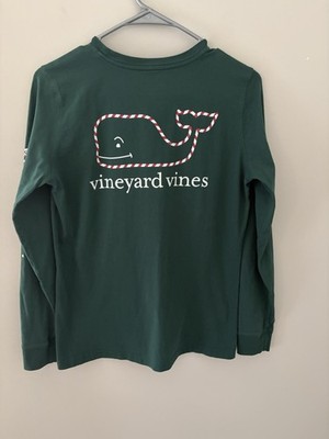 Vineyard Vines Uni Green Christmas Candy Cane Whale Long Sleeve Pocket Tee XS