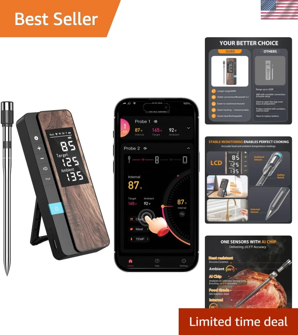 AI Smart Wireless Meat Thermometer, 10X Enhanced Signal and Stability, with H...