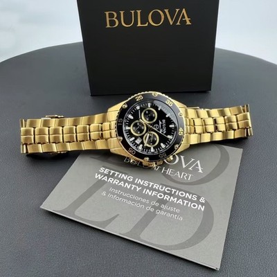 Men Bulova Marine Star Black/Gold Dial Chronograph 98B406 Quartz