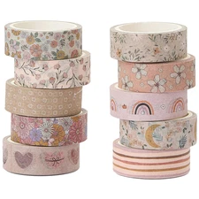 Boho Washi Tape Set 10 Rolls Cute Masking Graphic Floral Pattern Decorative Tape