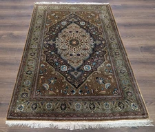 Per'sian Q'um Silk Rug 3.6 x 5, Fine 380 KPSI, Olive Green & Light Brown