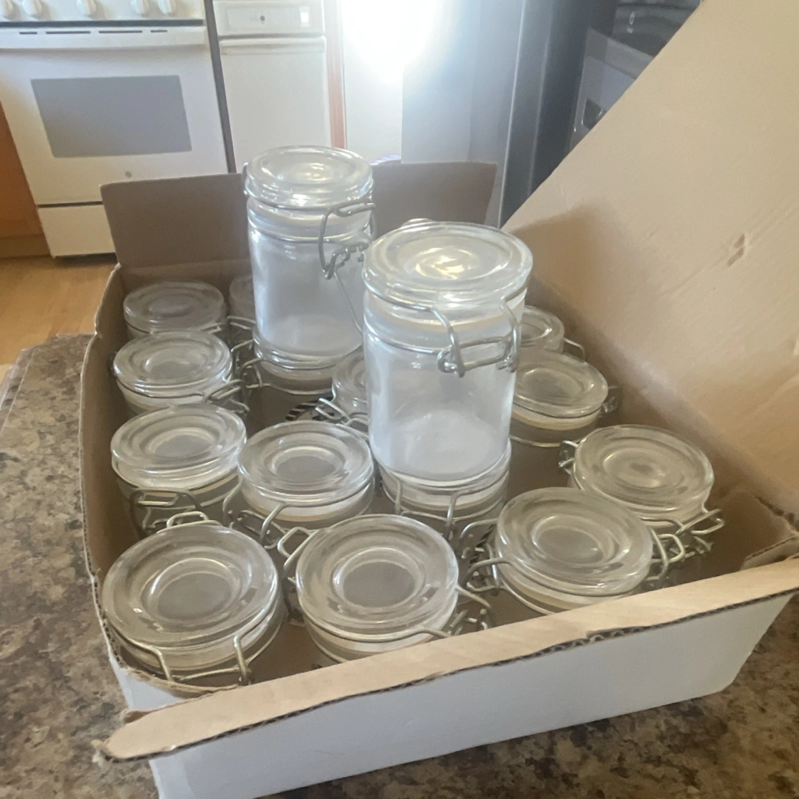 Set of 18 Clear Glass Round Canisters with Metal Wire Bail Clamp Lids