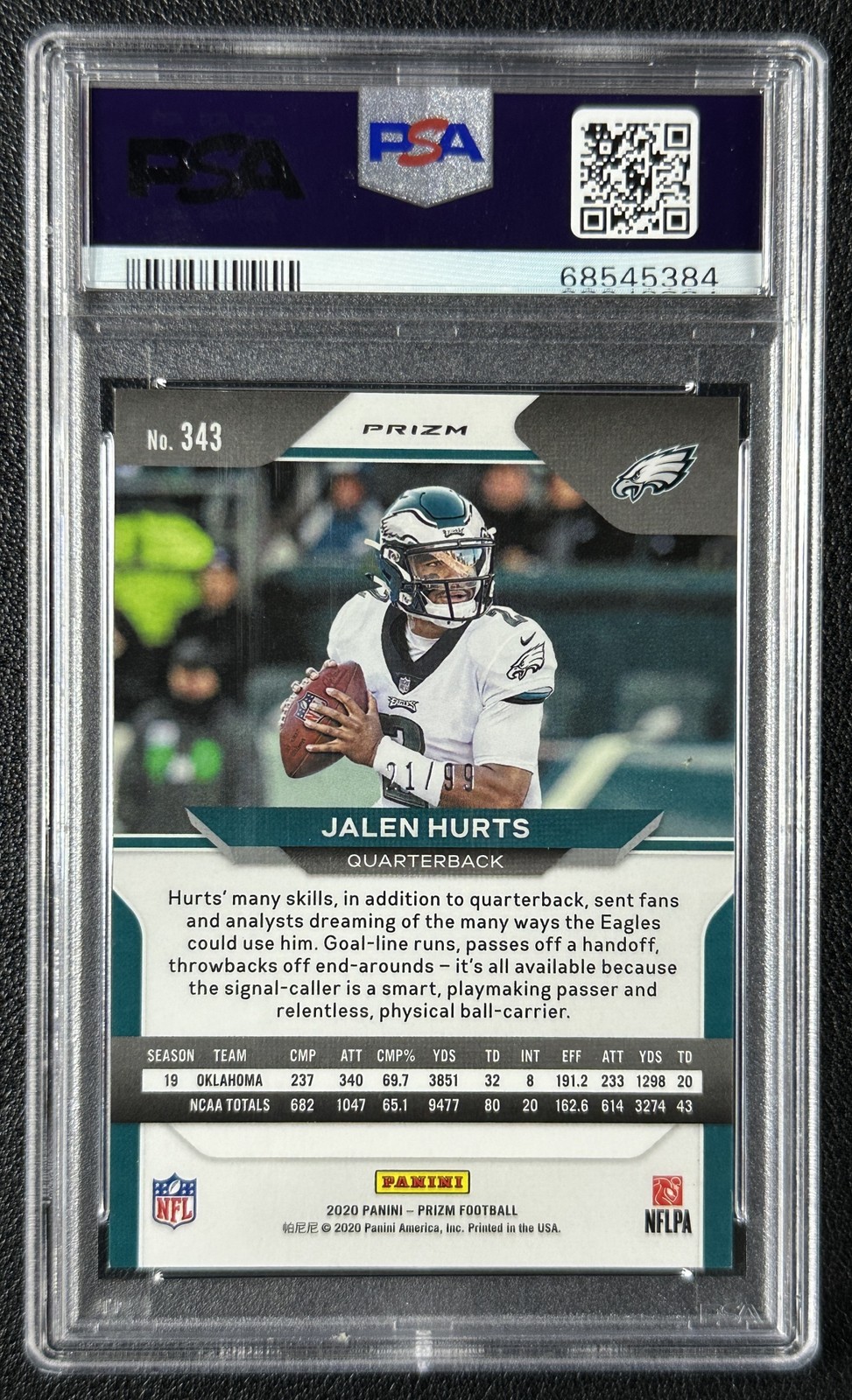 JALEN HURTS PSA 9 2020 PANINI PRIZM #343 ROOKIE BLUE ICE RC 21/99 EAGLES view 2