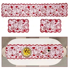 3 Pcs Table Runner, Red Lace Heart Table Runner for Wedding Party and Wedding 
