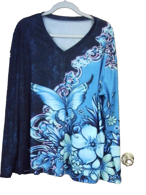 New Womens Long Sleeve V Neck Blue Colorblock Butterfly & Floral Tunic Top 4XL
