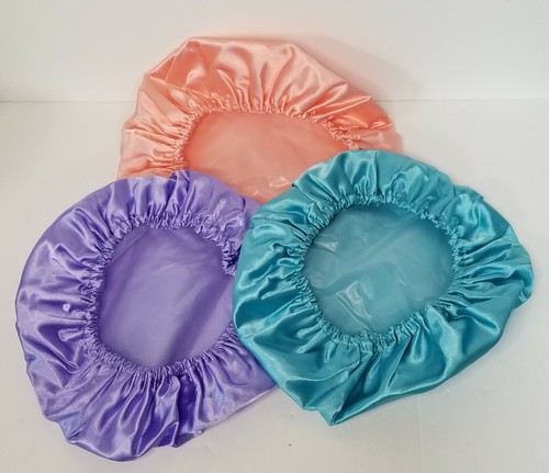 AmazerBath Hair Bonnets Night Cap Shower Cap Set of 3 pink purple teal - Picture 9 of 12