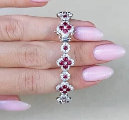 VALENTINO Bracciale Tennis Donna 5Ct Rotondo Creato Rosso Rubino Floreale Finitura Oro Bianco 14K