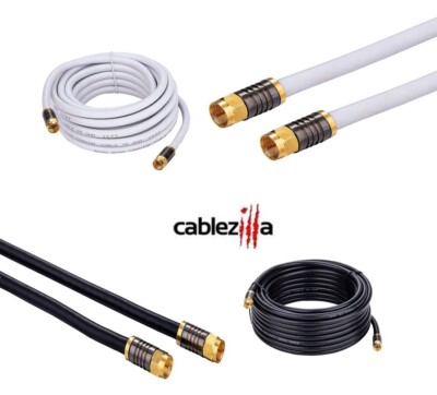 RG6 Quad Shield Coax Cable w/F-Connectors White/Black / 3ft - 100ft / 2-Pack LOT
