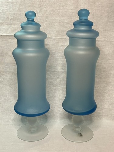 Empoli Apothecary Satin Blue Glass Jars 13.5" w/Lids Enesco Italy Label