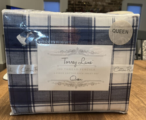 Torrey Lane 200 TC Cotton Rich 4 Piece Sheet Set Queen Classic Plaid Denim NEW - Picture 2 of 2