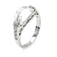 Sterling Silver Ladies CZ Stones Ring w/ 5mm x 10mm Oval Cut Center CZ Stone