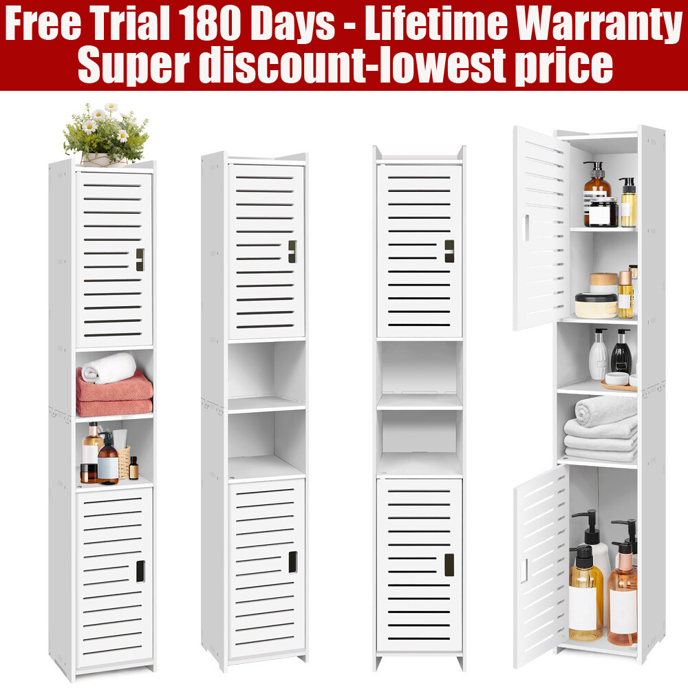 White Tall Bathroom 5 Tier Cabinet Shelf Storage Cupboard Drawers Organizer