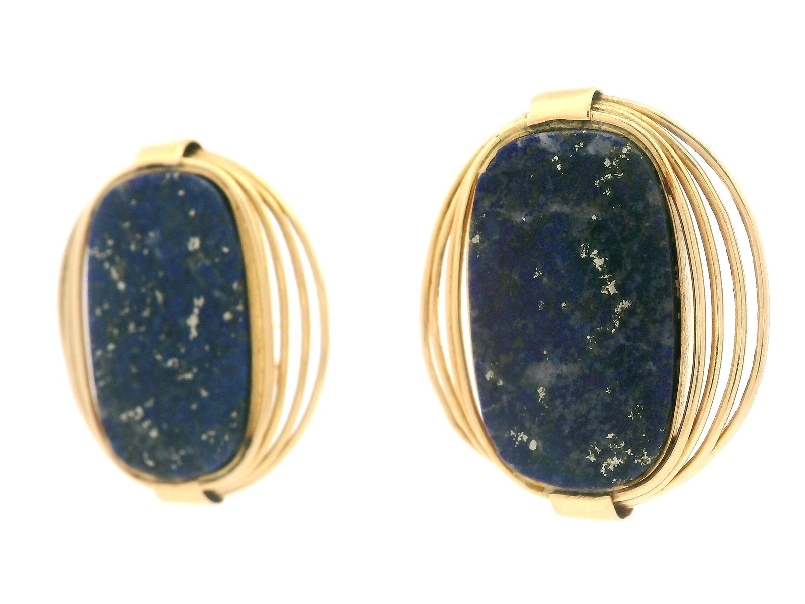 European Yellow Gold Inlaid Lapis Handmade Wire Work Large Omega Earrings image 3