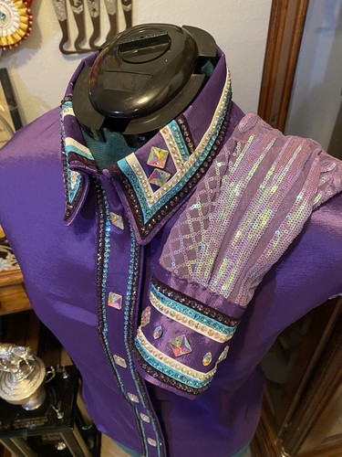Western All Day Purple Stretch Taffeta Hidden Zipper Retro Horse Show Day Shirt - Picture 6 of 7