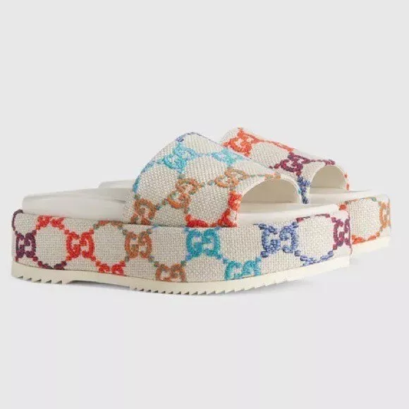 GUCCI Platform Multicolor logo print canvas slides eBay