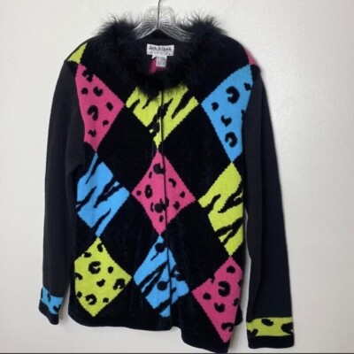 Jack B. Quick Womens 1X Sweater With Faux Fur Collar & Colorful Animal Print NWT
