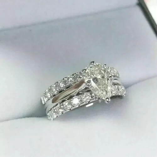 2.50CT Pear Cut Lab-Created Diamond 14K White Gold Over Wedding Bridal Ring Set - Picture 1 of 3
