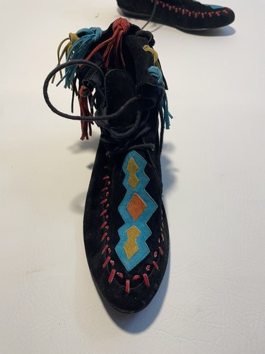 L J SIMONE NEW YORK LEATHER SUEDE NATIVE AMERICAN INDIAN FRINGE BOOT BLACK 7 1/2 - Picture 5 of 10