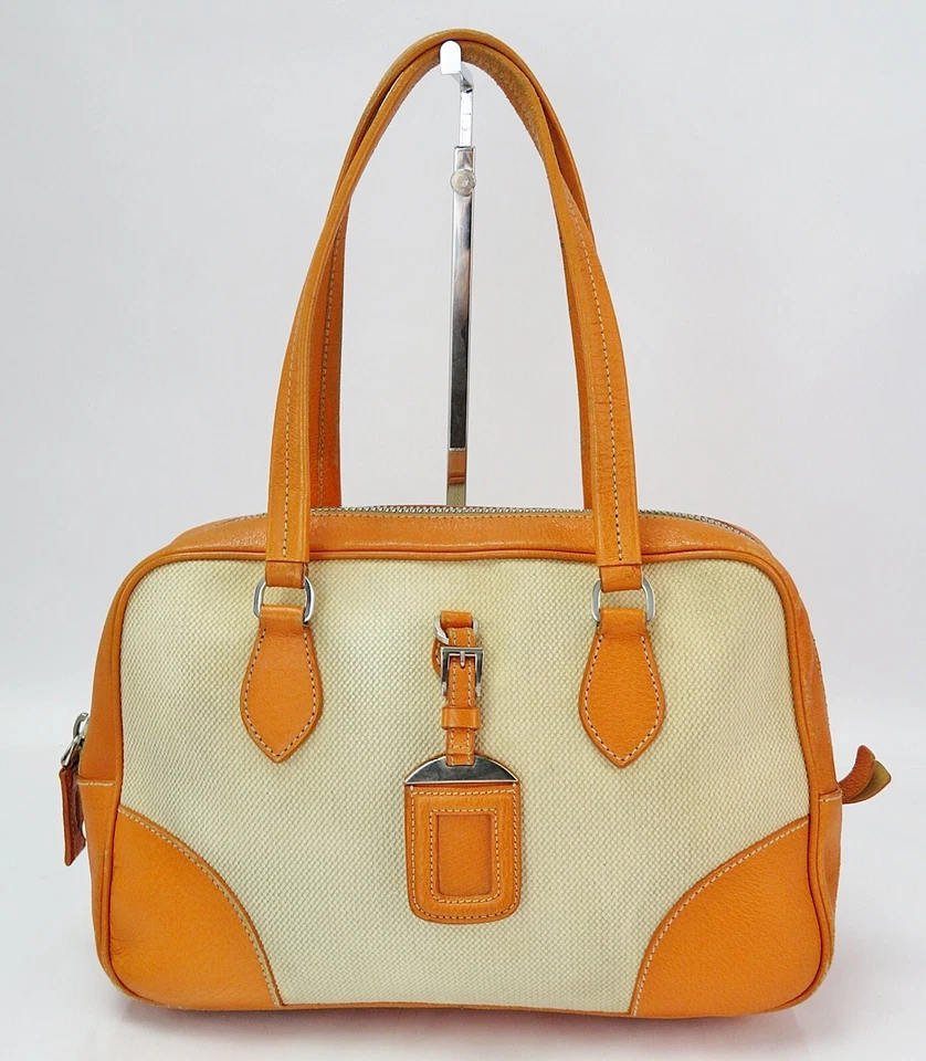 Auth PRADA Beige Canvas and Orange Leather Boston Bag Purse #60620 - Image 2 of 4