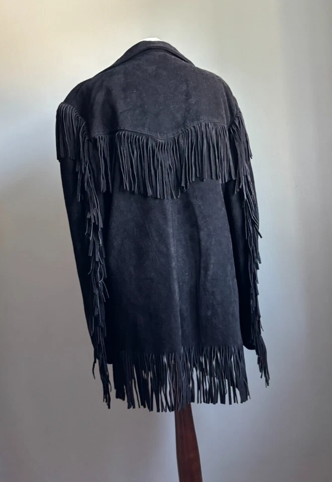 VINTAGE SUEDE FRINGE JACKET 40 42 cowboy leather heavy rock biker REAL tassles - Image 3 of 4