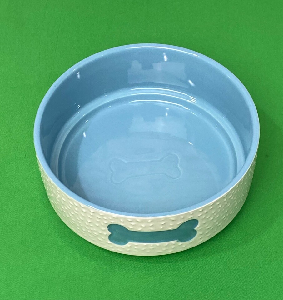 TOP PAW Stoneware Pet Bowl Blue /White Embossed NonSlip Dog Dish 20oz