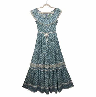 VTG 70 s Homespun Ltd Prairie Dress Blue Floral Tiered Lace Trim Hong Kong Sz 9
