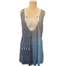 Blue White Patchwork Polka Dot Striped Lace V-Neck Sleeveless Shift Dress Large