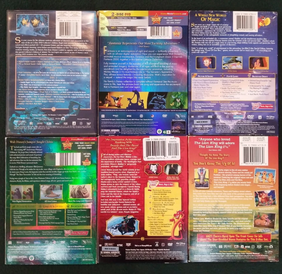 6 Disney Animated DVDs: Atlantis The Lost Empire, Fantasia 2000, Aladdin, The Ju Foto 2 de 2