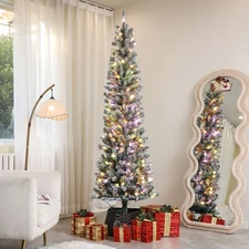 7.5 ft Pencil Christmas Tree, Pre-Lit Xmas Tree w/ Dual Color Lights