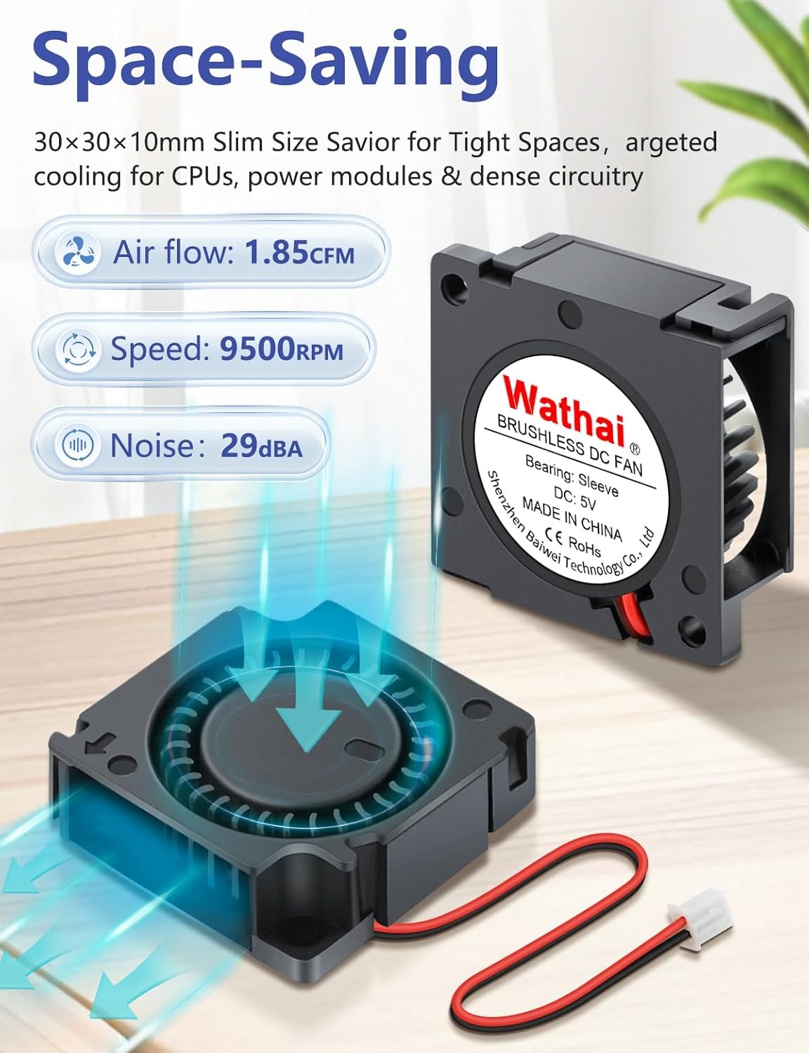 2 Pack Wathai 30mm x 10mm 5V Small DC Brushless Cooling Blower Fan 30x10mm 